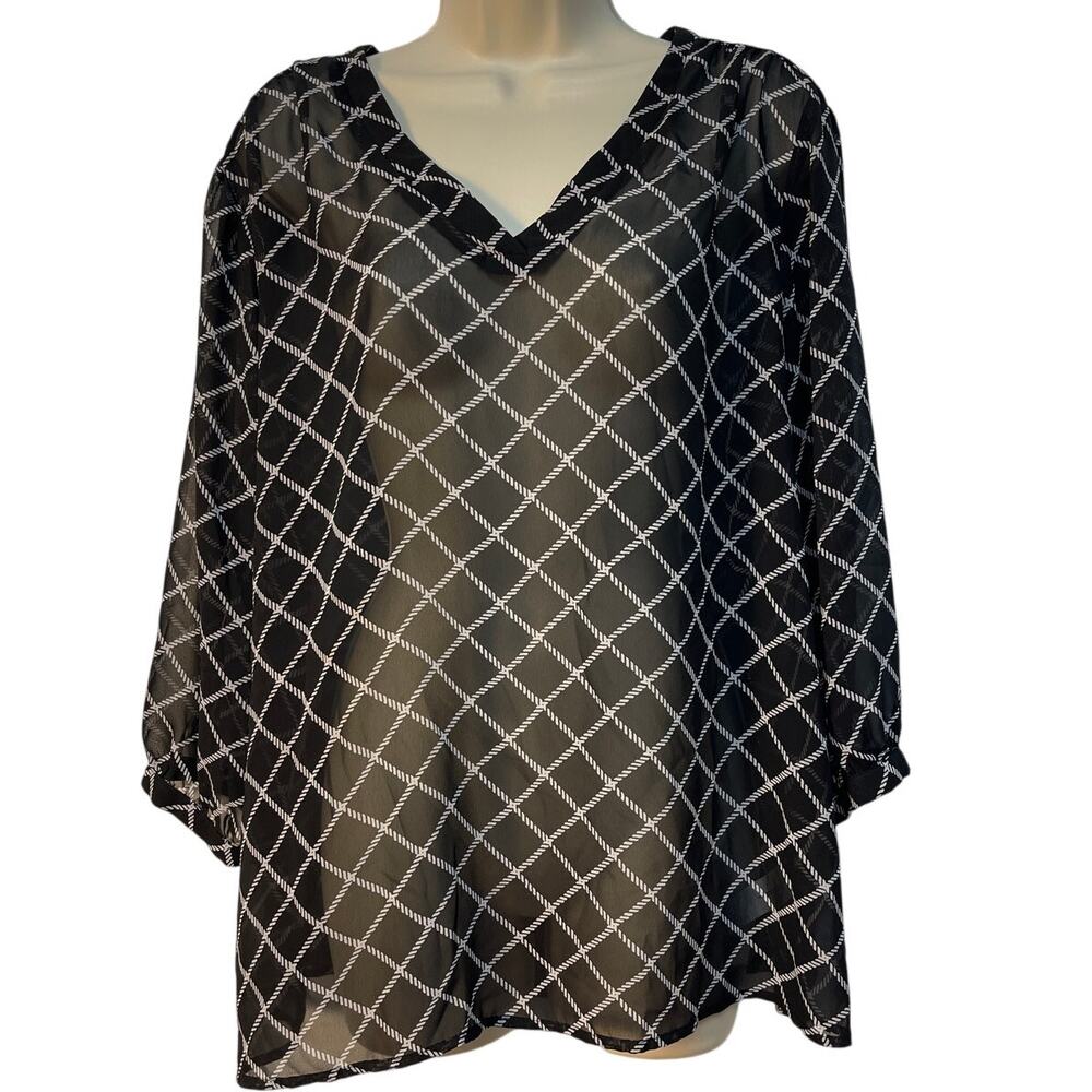 Old Navy Womens XL Black White Rope Grid Print V-Neck 3/4 Sleeve Sheer Tunic Top